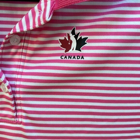 Hudson’s Bay Golf Canada Pink and White Striped Sleeveless Golf Polo Sz L - Picture 3 of 6